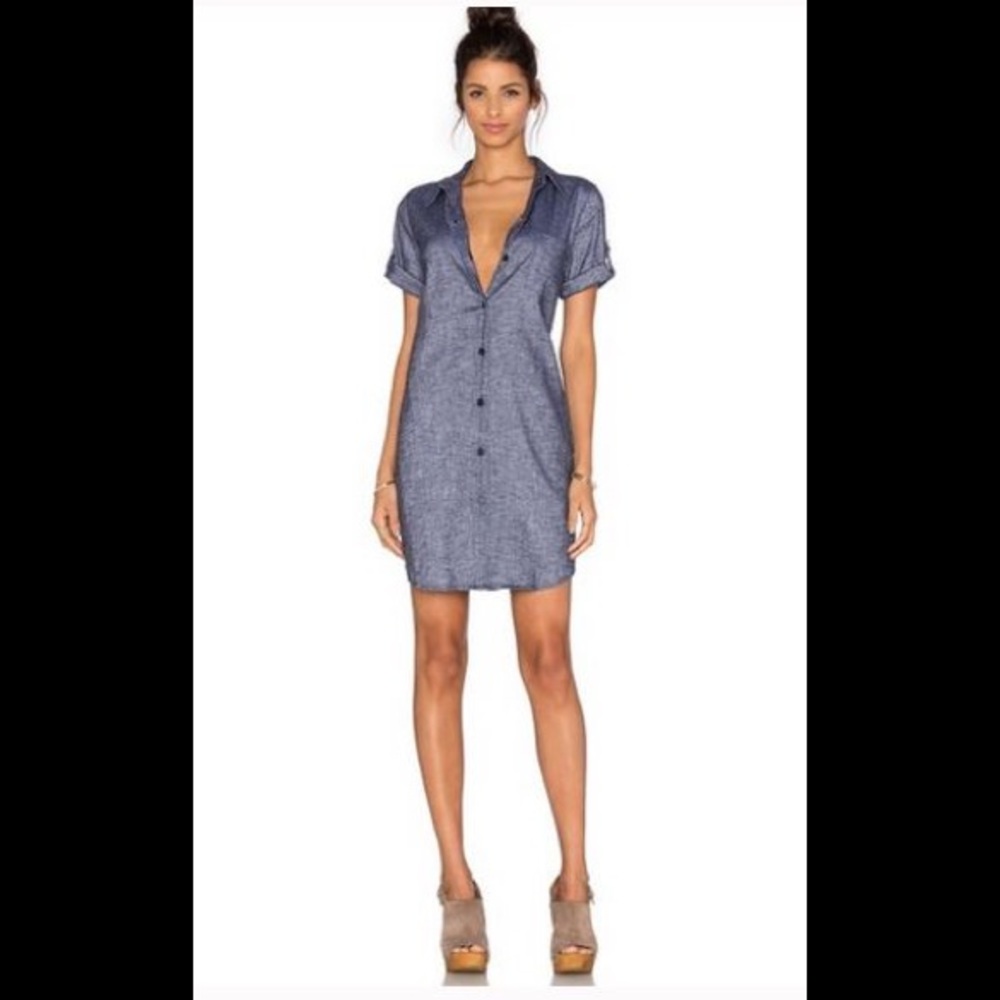 Theory Stretch Denim‑Look Shirt Dress – Button Front, Pockets, Size XS